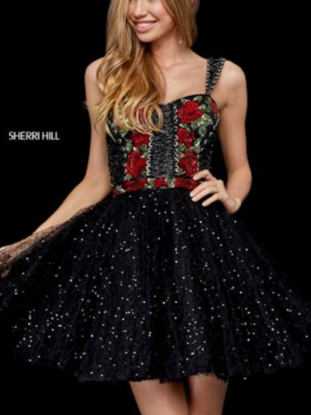 Sherri Hill Black Sequin Party Dress with Red Rose Embroidery Size 6